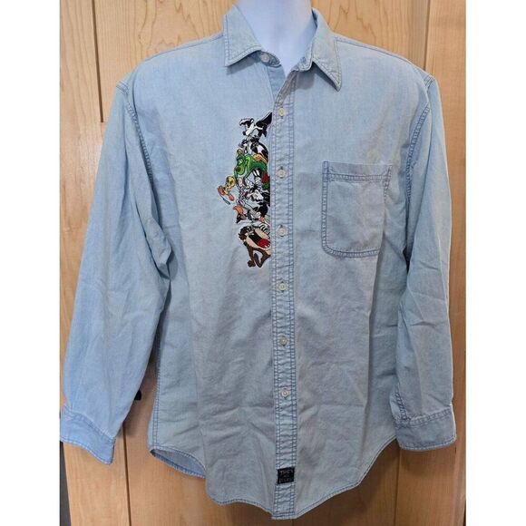 VTG Looney Tunes Embroidered Denim Shirt Mens M Bugs Bunny Daffy Duck Cartoon - Picture 1 of 9
